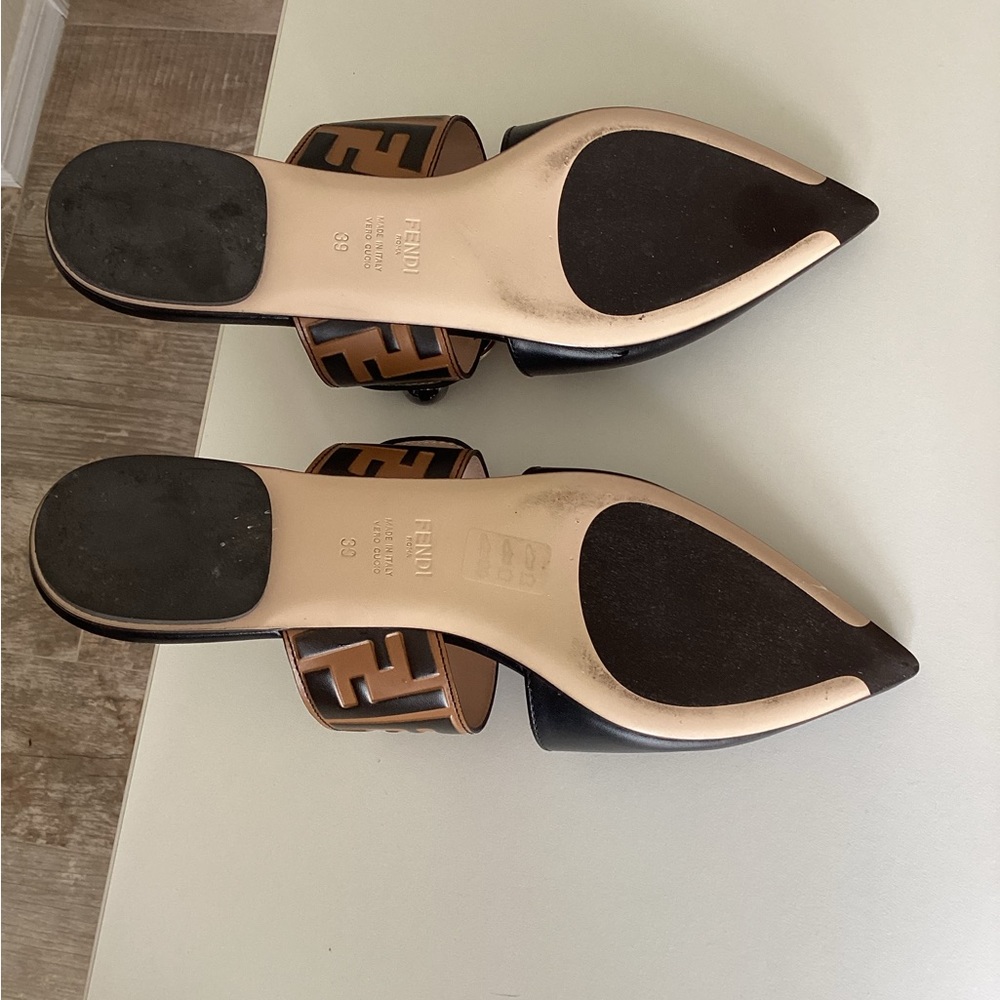 Fendi Black/Brown Zucca Leather Pointed Toe Flat Mule - Picture 7 of 12